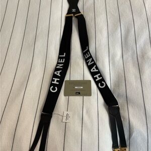 CHANEL Black and White Logo Suspenders w/ boutique tag & COA